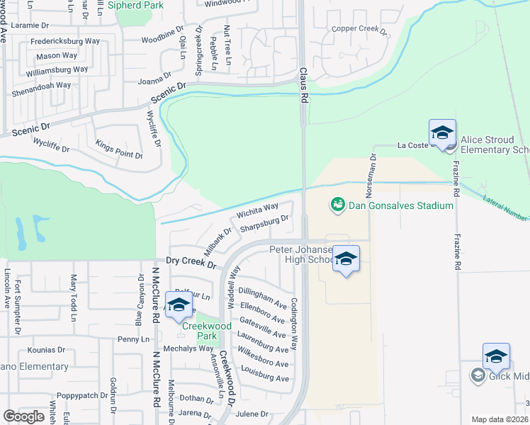 map of restaurants, bars, coffee shops, grocery stores, and more near 3820 Wichita Way in Modesto
