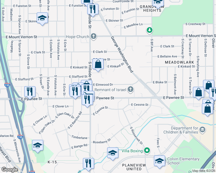map of restaurants, bars, coffee shops, grocery stores, and more near 3411 Elmwood Street in Wichita