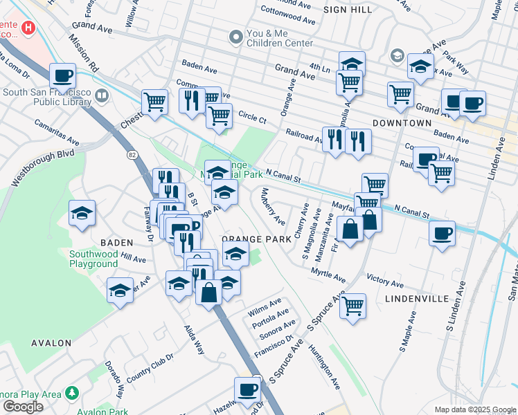 map of restaurants, bars, coffee shops, grocery stores, and more near 654 Myrtle Avenue in South San Francisco
