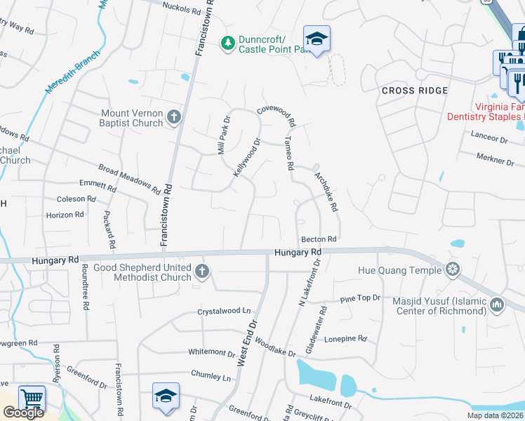 map of restaurants, bars, coffee shops, grocery stores, and more near 9008 Stonebrook Drive in Glen Allen