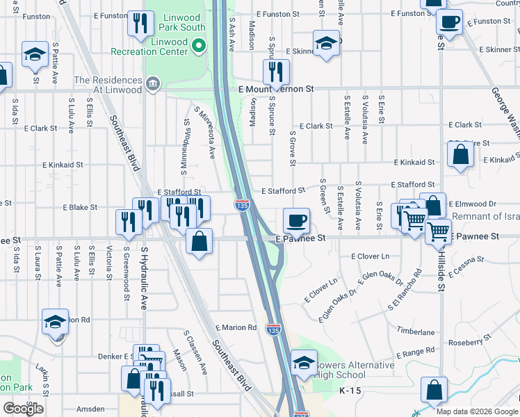 map of restaurants, bars, coffee shops, grocery stores, and more near 2200 East Blake Street in Wichita