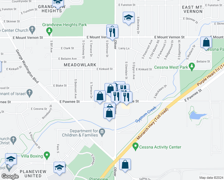 map of restaurants, bars, coffee shops, grocery stores, and more near 2307 South Oliver Avenue in Wichita