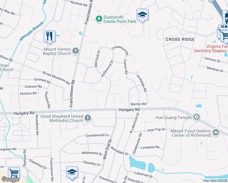 map of restaurants, bars, coffee shops, grocery stores, and more near 9008 Stonebrook Drive in Glen Allen