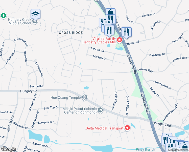 map of restaurants, bars, coffee shops, grocery stores, and more near 9921 Wares Wharf Circle in Glen Allen