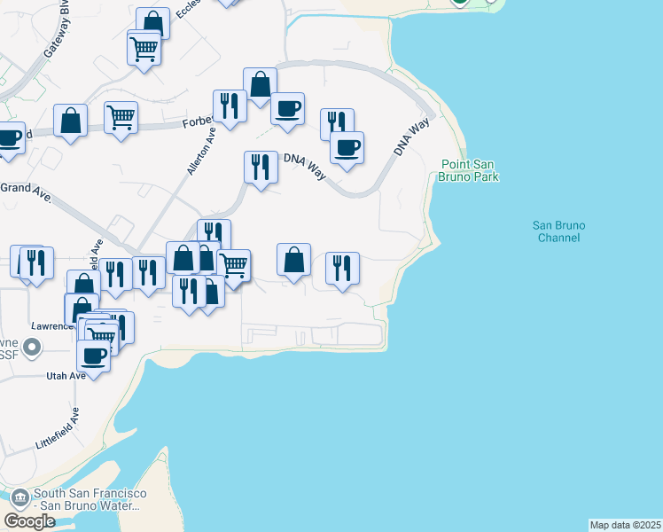 map of restaurants, bars, coffee shops, grocery stores, and more near 455 East Grand Avenue in South San Francisco