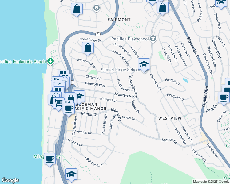 map of restaurants, bars, coffee shops, grocery stores, and more near 395 Monterey Road in Pacifica