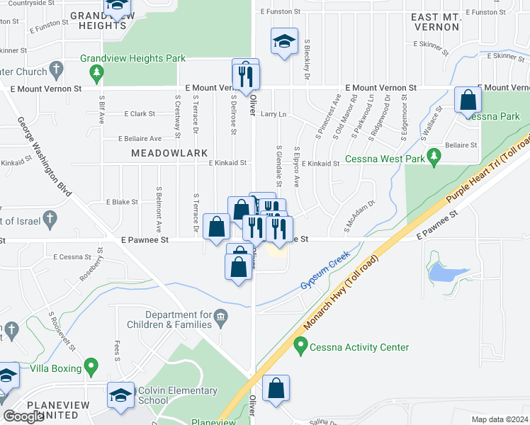 map of restaurants, bars, coffee shops, grocery stores, and more near 2290 Oliver in Wichita