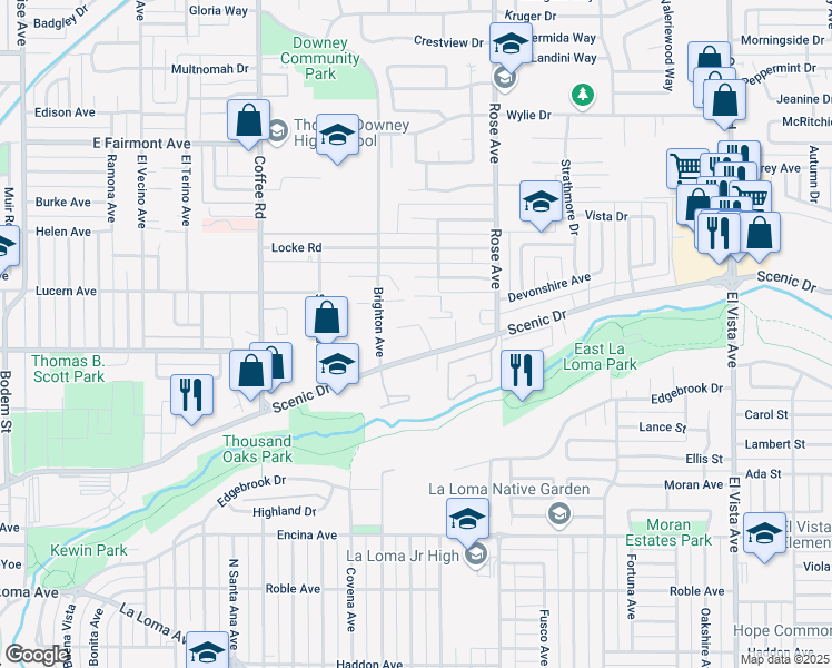 map of restaurants, bars, coffee shops, grocery stores, and more near 1625 Scenic Drive in Modesto