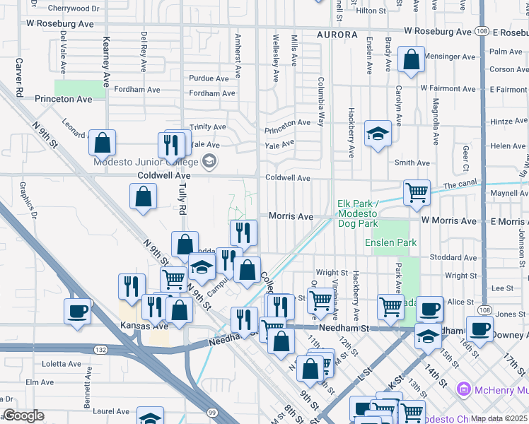 map of restaurants, bars, coffee shops, grocery stores, and more near 505 Myrtle Avenue in Modesto