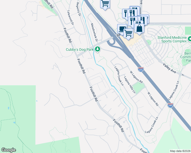 map of restaurants, bars, coffee shops, grocery stores, and more near 8090 Arroyo Drive in Pleasanton