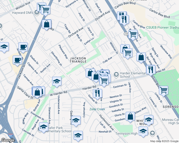 map of restaurants, bars, coffee shops, grocery stores, and more near 25509 Franklin Avenue in Hayward