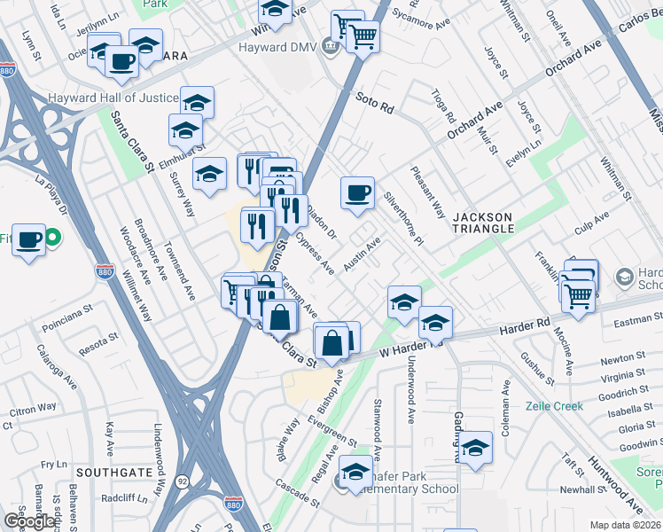 map of restaurants, bars, coffee shops, grocery stores, and more near 24955 Cypress Avenue in Hayward