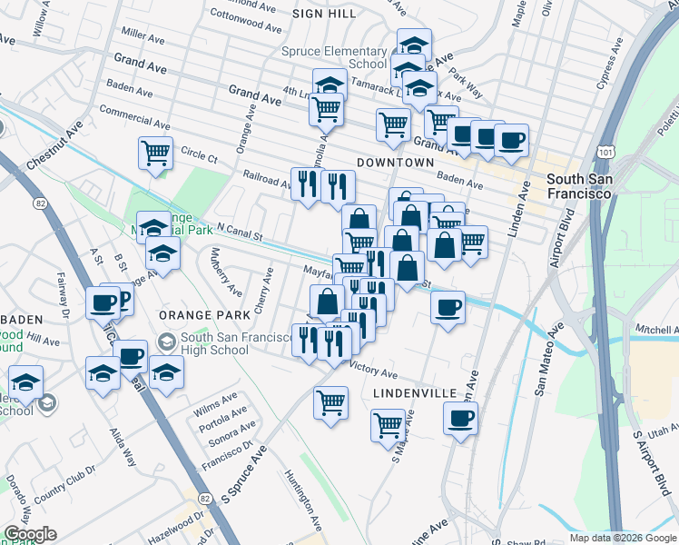 map of restaurants, bars, coffee shops, grocery stores, and more near 528 Mayfair Avenue in South San Francisco