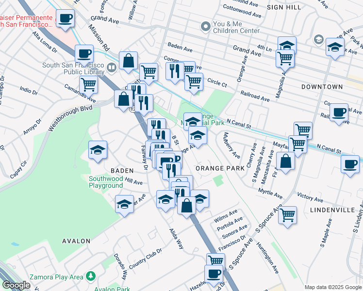 map of restaurants, bars, coffee shops, grocery stores, and more near 238 C Street in South San Francisco