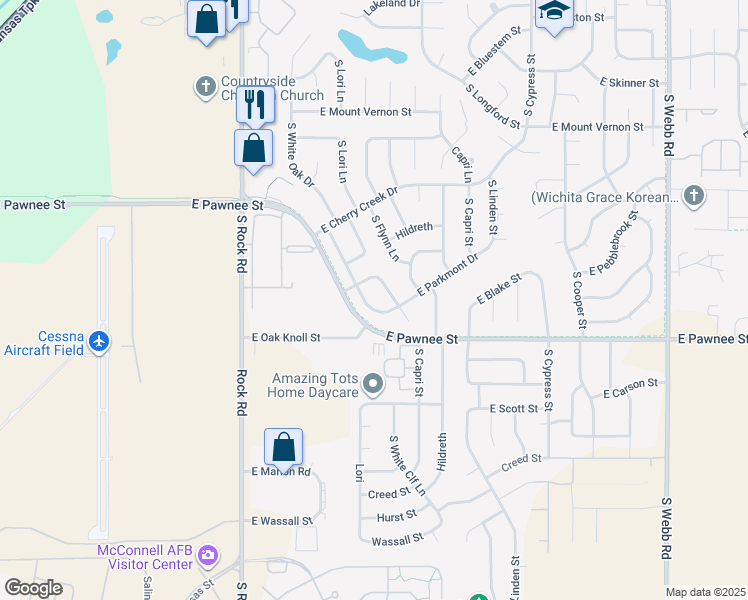 map of restaurants, bars, coffee shops, grocery stores, and more near 2328 South White Oak Drive in Wichita