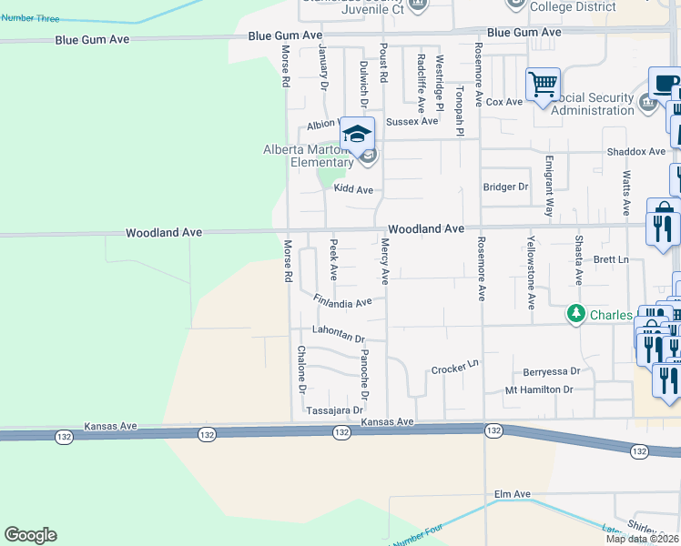 map of restaurants, bars, coffee shops, grocery stores, and more near 2716 Wickman Court in Modesto