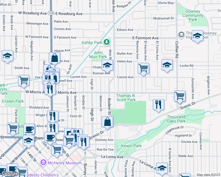map of restaurants, bars, coffee shops, grocery stores, and more near 512 Bodem Street in Modesto