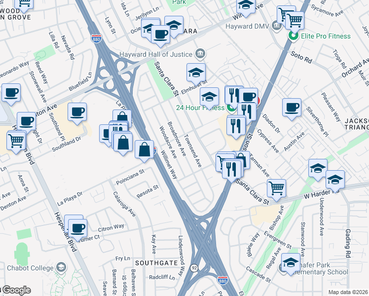 map of restaurants, bars, coffee shops, grocery stores, and more near 24758 Broadmore Avenue in Hayward