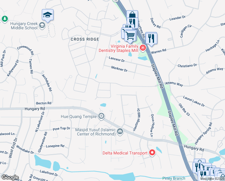 map of restaurants, bars, coffee shops, grocery stores, and more near 9921 Wares Wharf Circle in Glen Allen