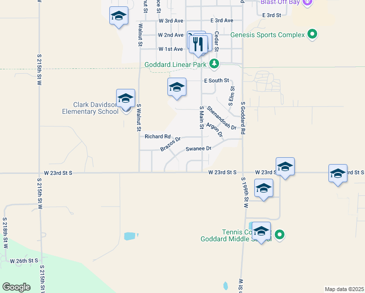 map of restaurants, bars, coffee shops, grocery stores, and more near 204 Swanee Drive in Goddard