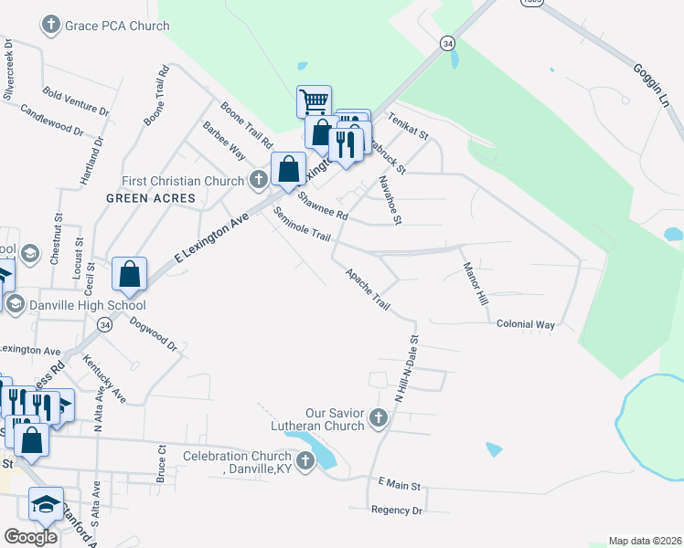 map of restaurants, bars, coffee shops, grocery stores, and more near 606 Apache Trail in Danville