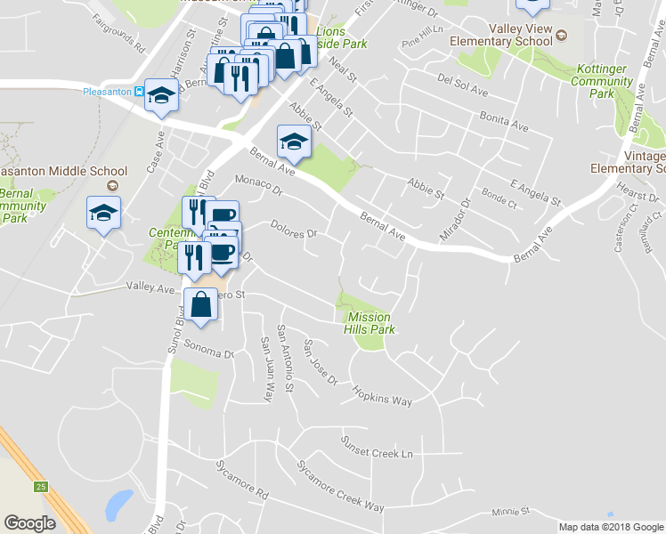 map of restaurants, bars, coffee shops, grocery stores, and more near 569 Dolores Pl in Pleasanton