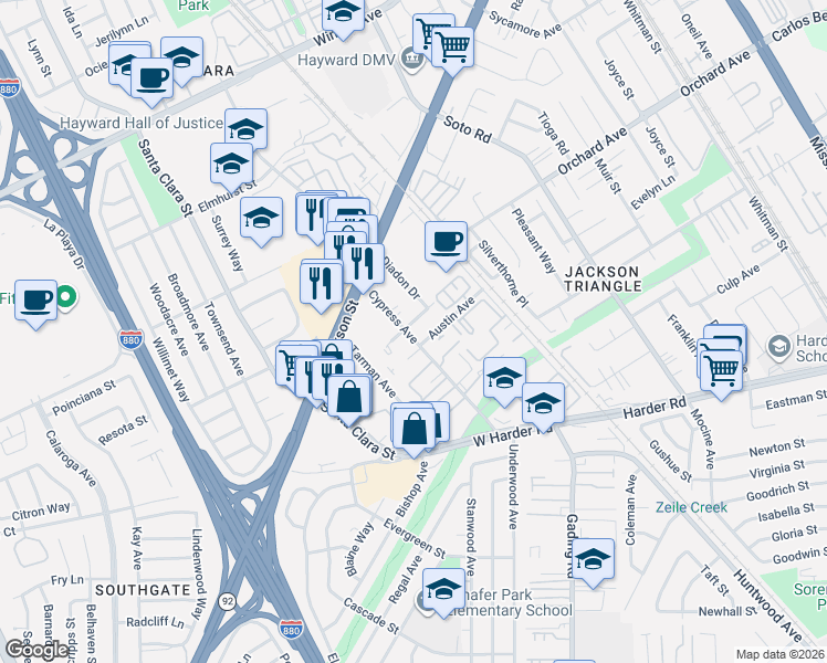 map of restaurants, bars, coffee shops, grocery stores, and more near 24955 Cypress Avenue in Hayward