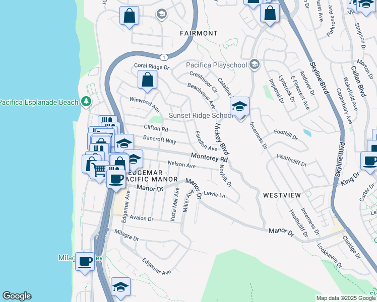 map of restaurants, bars, coffee shops, grocery stores, and more near 395 Monterey Road in Pacifica