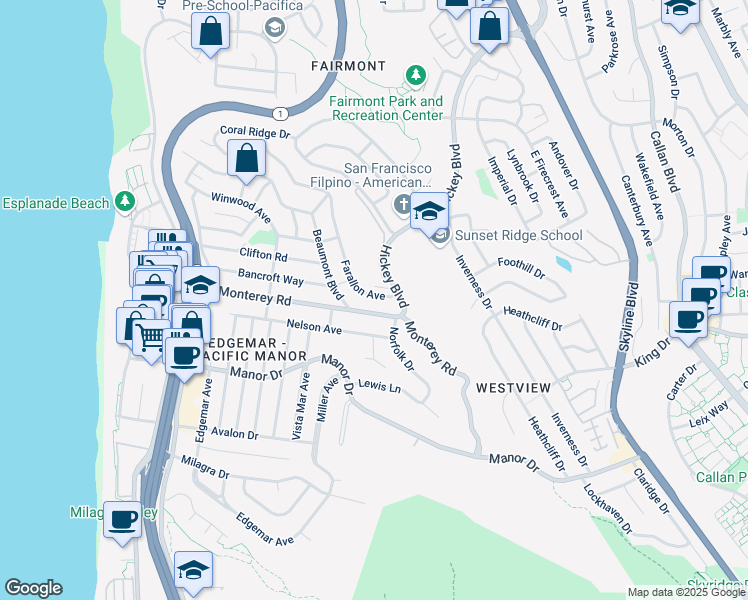 map of restaurants, bars, coffee shops, grocery stores, and more near 618 Farallon Avenue in Pacifica