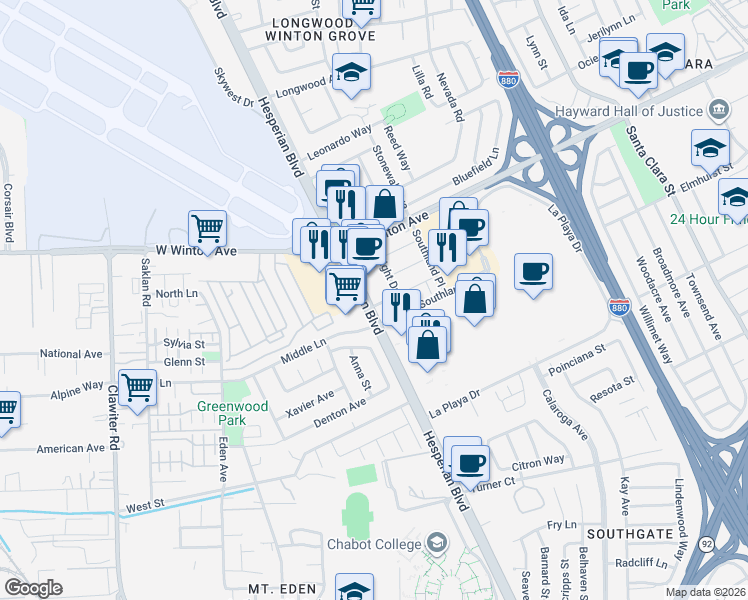 map of restaurants, bars, coffee shops, grocery stores, and more near 24296 Hesperian Boulevard in Hayward