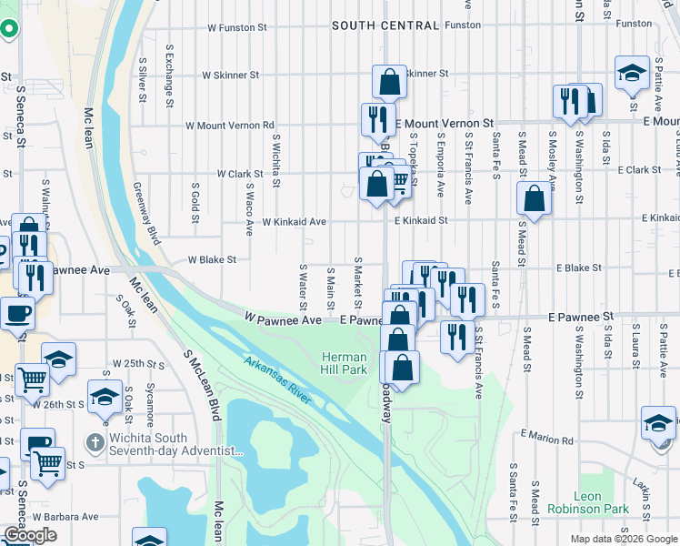 map of restaurants, bars, coffee shops, grocery stores, and more near 2312 South Main Street in Wichita