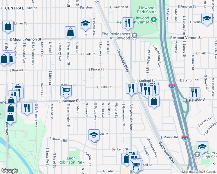 map of restaurants, bars, coffee shops, grocery stores, and more near 1500 East Blake Street in Wichita