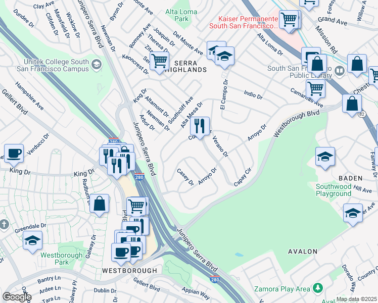 map of restaurants, bars, coffee shops, grocery stores, and more near 126 Escanyo Drive in South San Francisco
