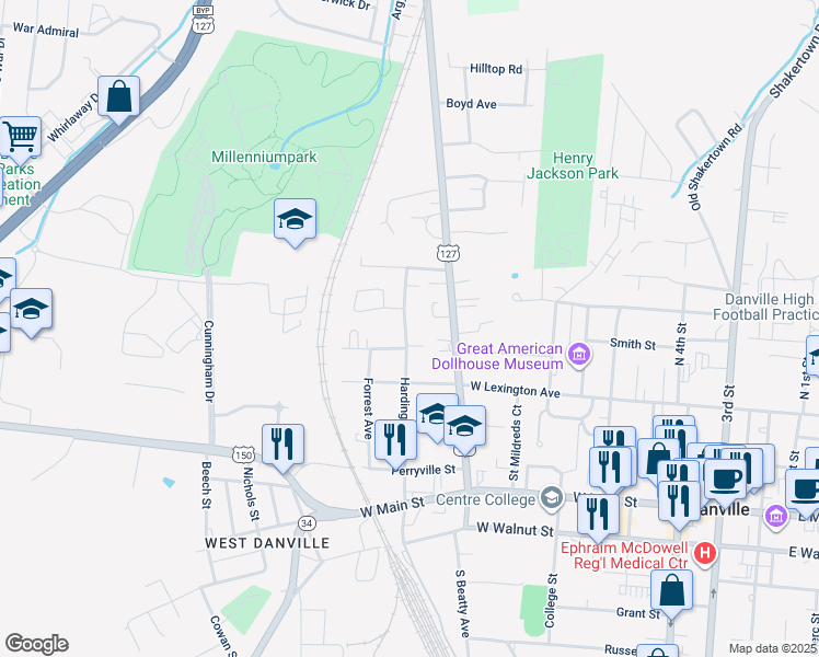 map of restaurants, bars, coffee shops, grocery stores, and more near 408 Harding Street in Danville