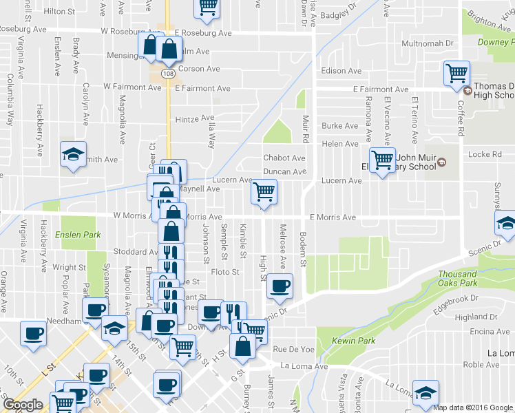 map of restaurants, bars, coffee shops, grocery stores, and more near 509 High Street in Modesto