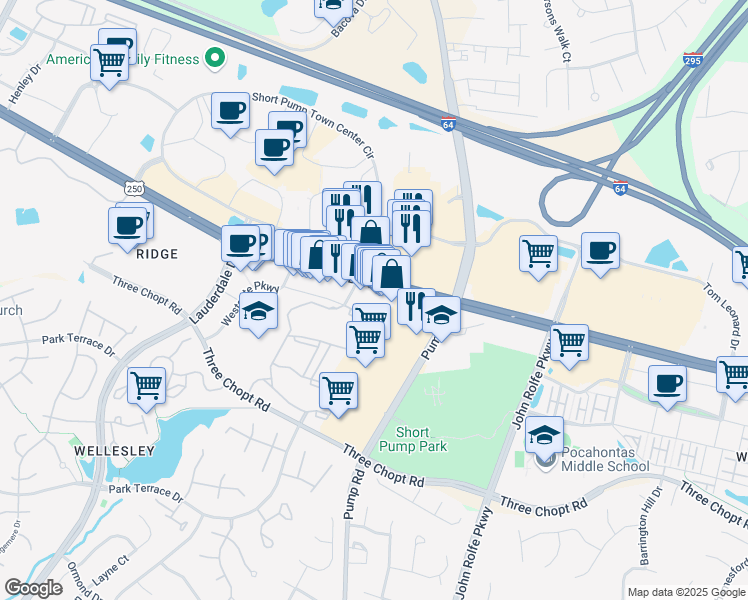 map of restaurants, bars, coffee shops, grocery stores, and more near 11591 West Broad Street in Richmond