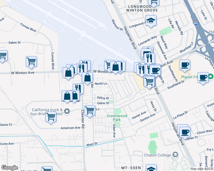 map of restaurants, bars, coffee shops, grocery stores, and more near 23305 Eden Avenue in Hayward