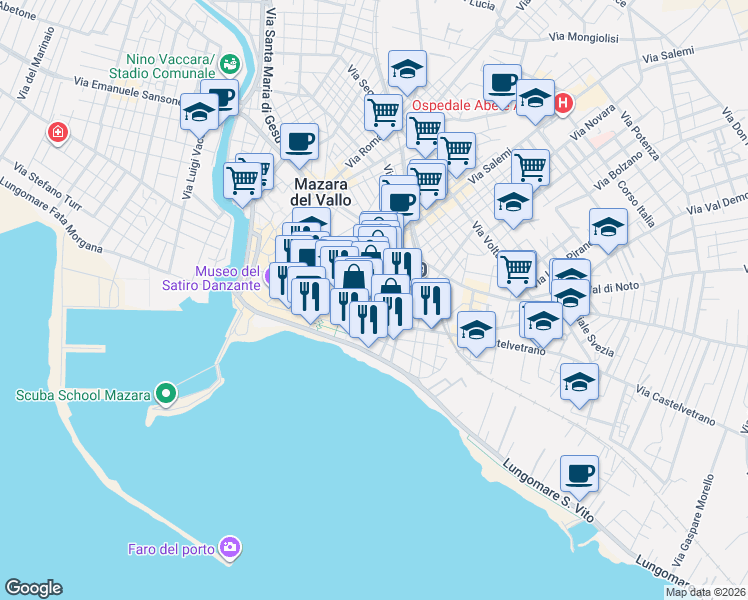 map of restaurants, bars, coffee shops, grocery stores, and more near 25 Via Giuseppe Boscarino in Mazara del Vallo