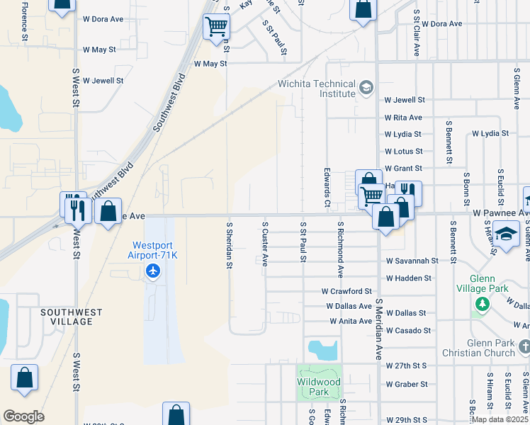 map of restaurants, bars, coffee shops, grocery stores, and more near 3002 West Pawnee Street in Wichita