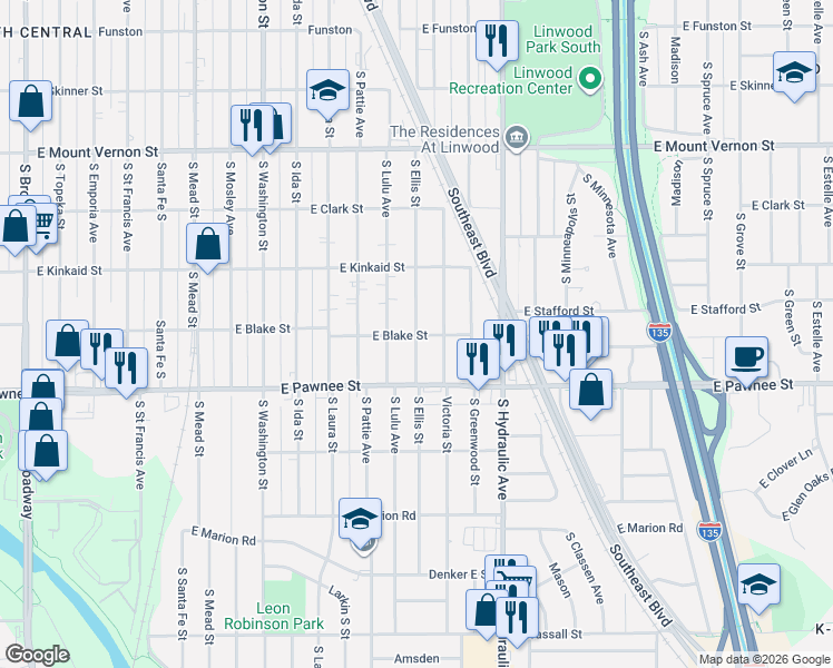 map of restaurants, bars, coffee shops, grocery stores, and more near 1498 East Blake Street in Wichita
