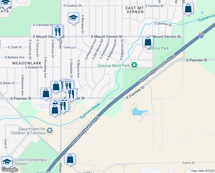 map of restaurants, bars, coffee shops, grocery stores, and more near 2260 McAdam Street in Wichita