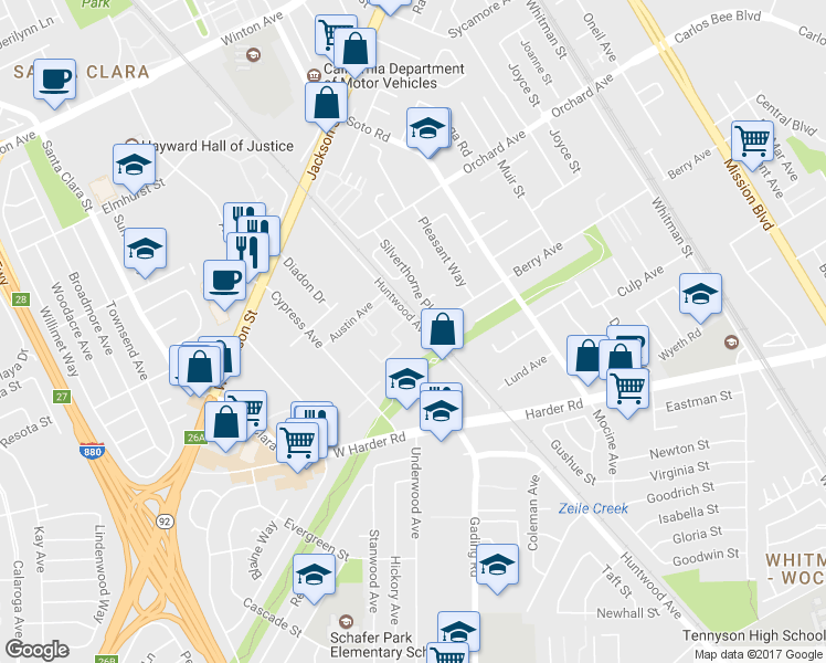 map of restaurants, bars, coffee shops, grocery stores, and more near 25147 Huntwood Avenue in Hayward