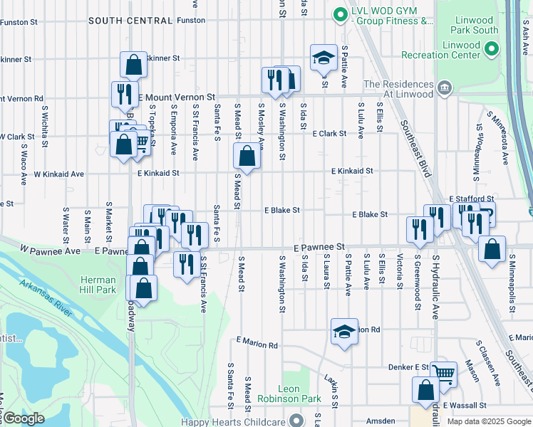 map of restaurants, bars, coffee shops, grocery stores, and more near 2304 South Mosley Street in Wichita