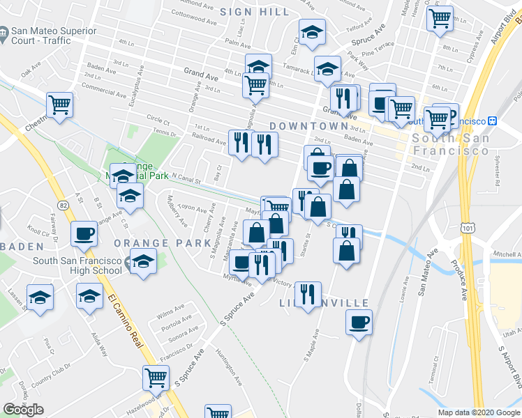 map of restaurants, bars, coffee shops, grocery stores, and more near 528 Mayfair Avenue in South San Francisco