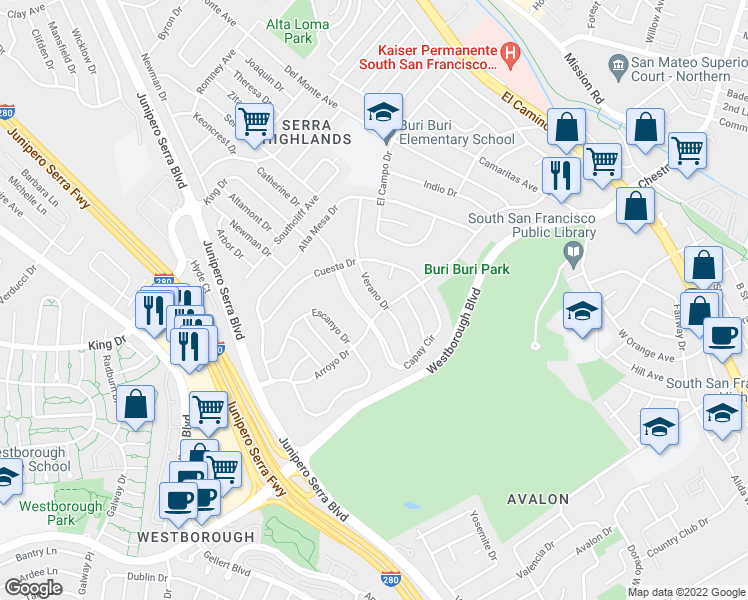 map of restaurants, bars, coffee shops, grocery stores, and more near 105 Verano Drive in South San Francisco