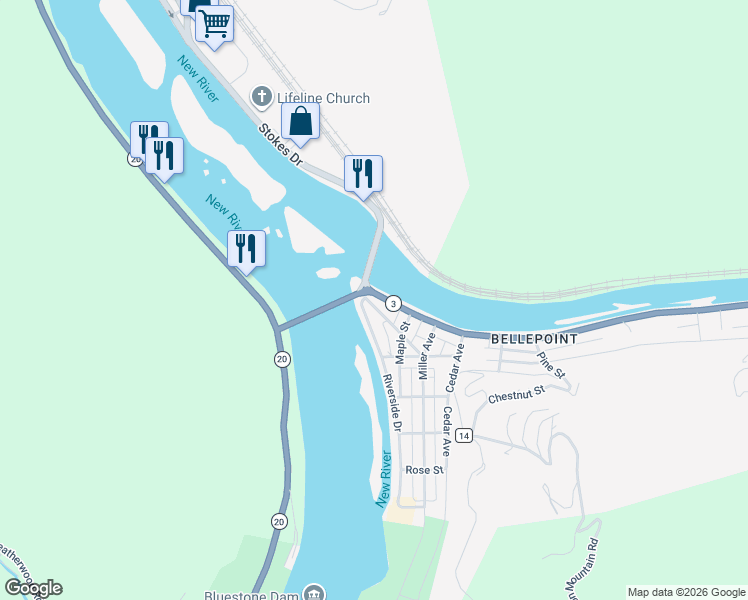 map of restaurants, bars, coffee shops, grocery stores, and more near Central Avenue in Hinton