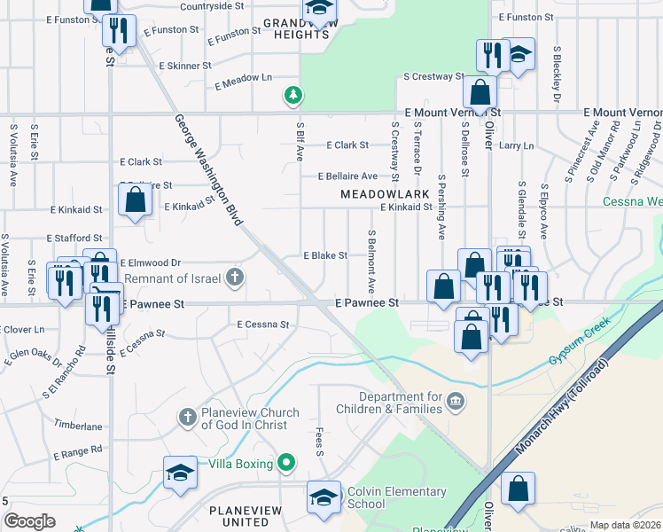 map of restaurants, bars, coffee shops, grocery stores, and more near 2311 S Fountain St in Wichita