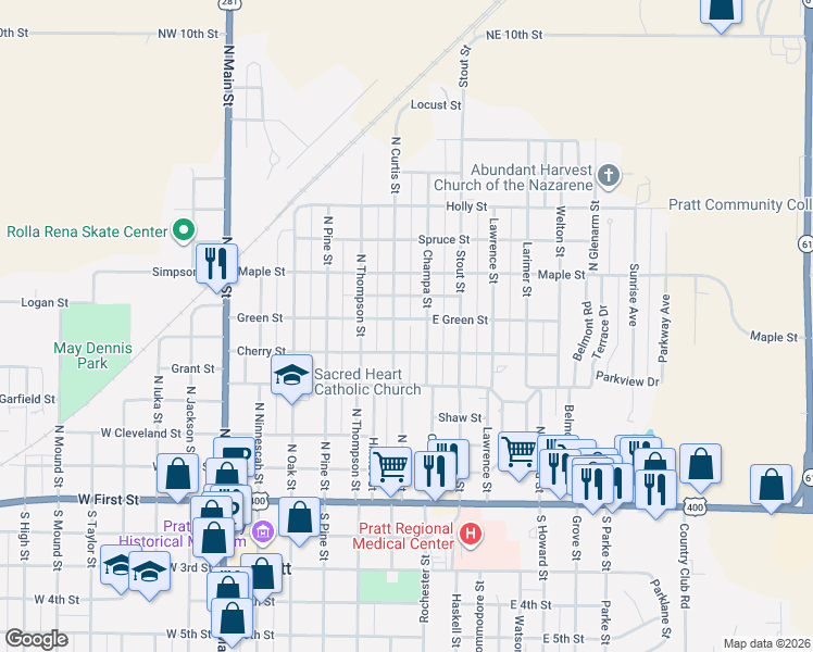 map of restaurants, bars, coffee shops, grocery stores, and more near 601-699 N Curtis St in Pratt