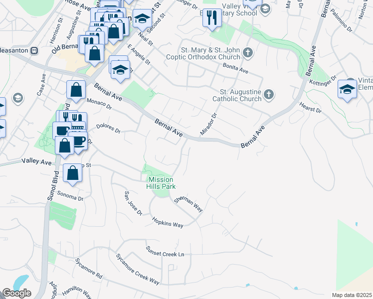 map of restaurants, bars, coffee shops, grocery stores, and more near 4726 Arlene Place in Pleasanton