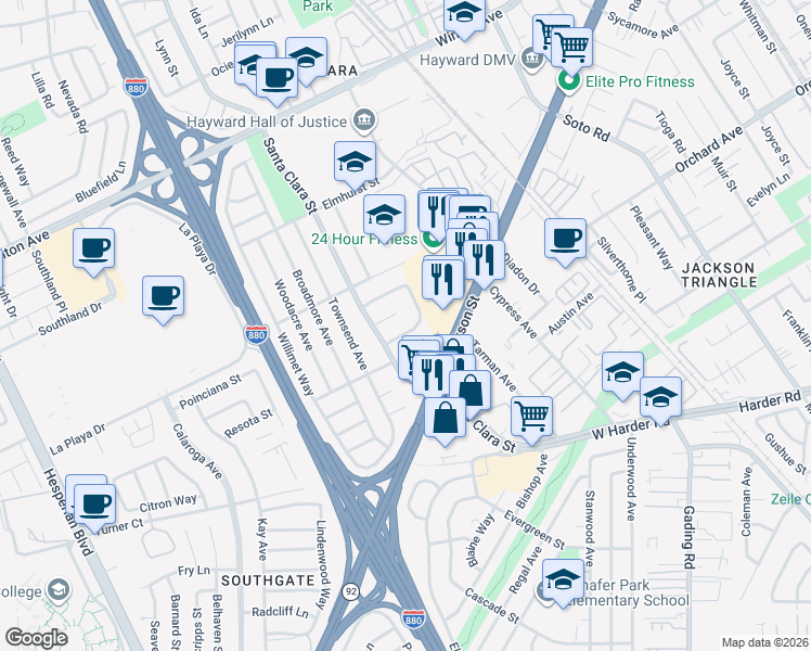 map of restaurants, bars, coffee shops, grocery stores, and more near 467 Mackenzie Place in Hayward